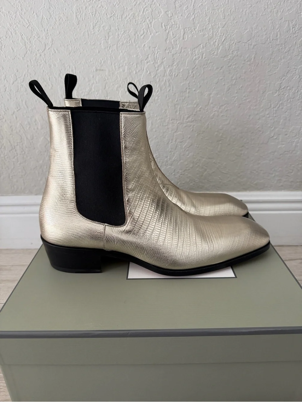 Tom Ford Metallic Gold croc Textured Leather Chelsea Boots men 11.5